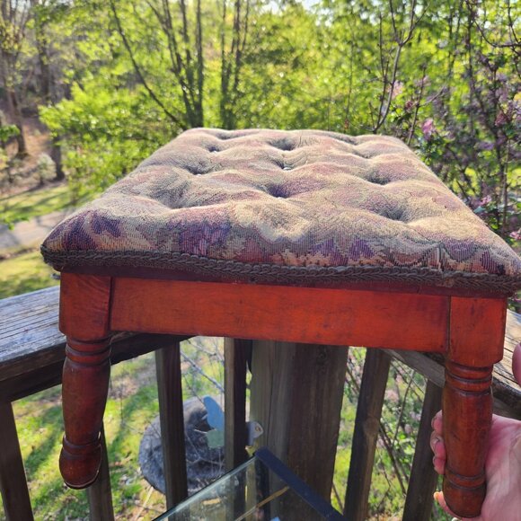 Vintage Wooden Footstool With Floral Tapestry Cushion French country Cottage cor - Picture 9 of 11